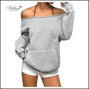 Off Shoulder Long Sleeve Pullover Sweatshirt with Front Pockets Y2K Style